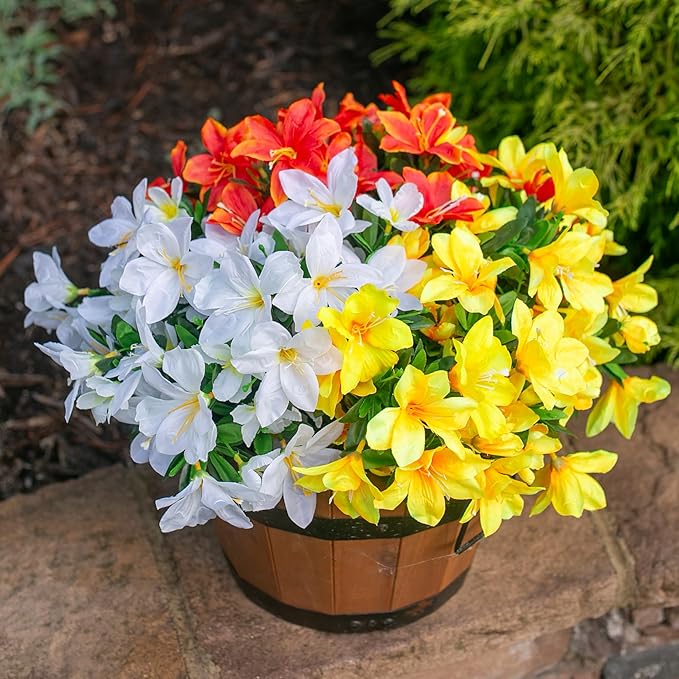 Artificial Fall Flowers for Outdoors, 3 Bundles Fake Azalea Bouquet Faux Flower Plants Outside Decor UV Resistant Realistic Silk Flowers for Planter Porch Front Door Patio Garden Walkways Home, Mix