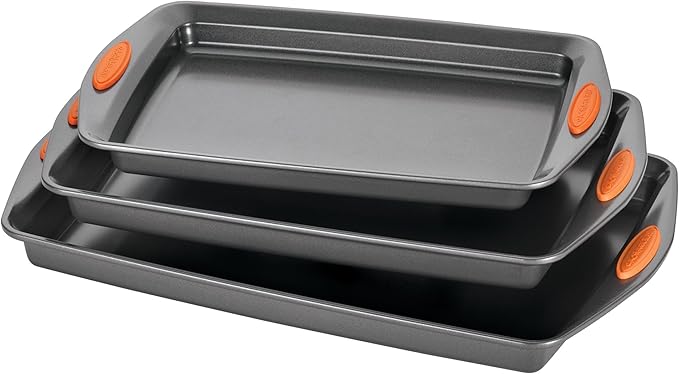 Rachael Ray Cucina Nonstick Cookware Pots and Pans Set, 12 Piece, Cranberry Red & Nonstick Bakeware Set with Grips, Nonstick Cookie Sheets/Baking Sheets - 3 Piece, Gray with Orange Grips