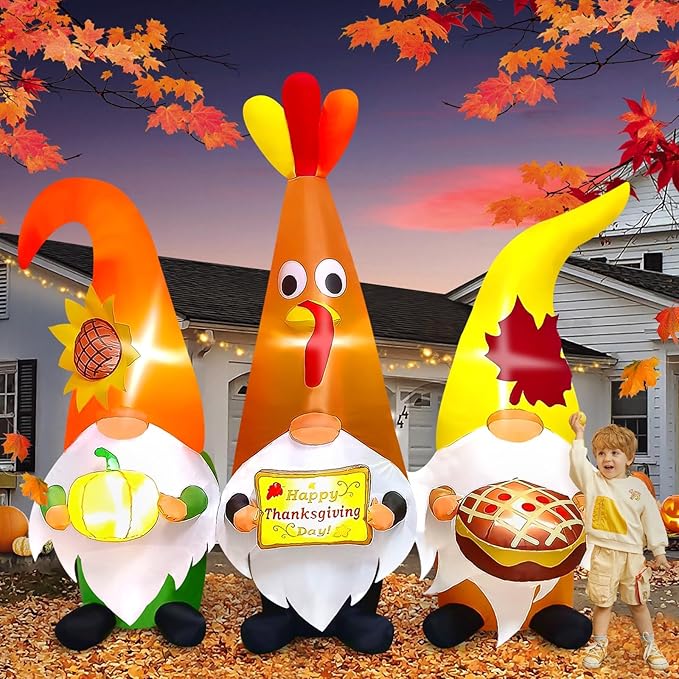 7FT Thanksgiving Day Inflatable with LED Light, Kalolary Thanksgiving Three Gnome Inflatable Fall Harvest Outdoor Decoration Thanksgiving Yard Blow up Inflatable for Lawn Home Holiday Autumn Party