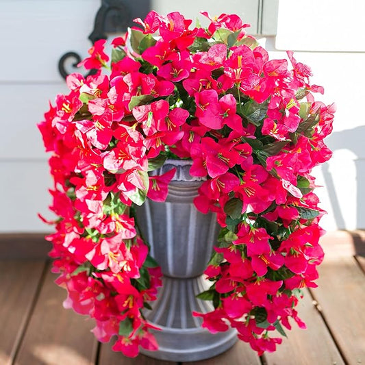 Bougainvillea Artificial Hanging Flowers Plants for Outdoors Decoration, 2pcs Fake Flowers Silk Bougainvillea Vines Realistic UV Resistant Faux Flowers for Planters Porch Patio Urn, Hot Pink