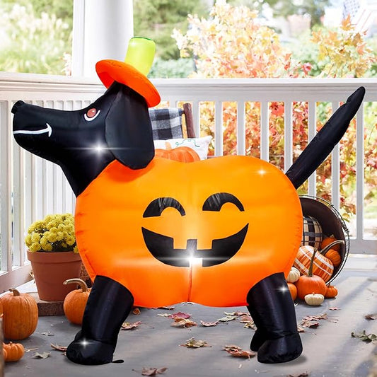 4FT Long Halloween Inflatable Pumpkin Dog Decoration with LED Lights Pumpkin Dachshund Blow up Decorations Outdoor Indoor Holiday Yard Graden Decor