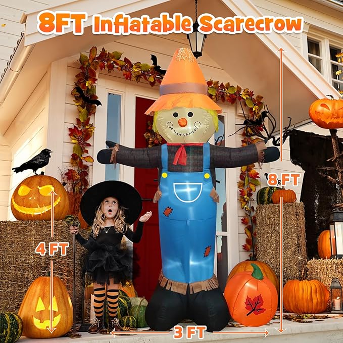 8FT Tall Thanksgiving Inflatable Scarecrow Inflatable Holiday Yard Decoration with Build-in LED Lights, Blow up Thanksgiving Scarecrow for Holiday Party Yard Lawn Garden
