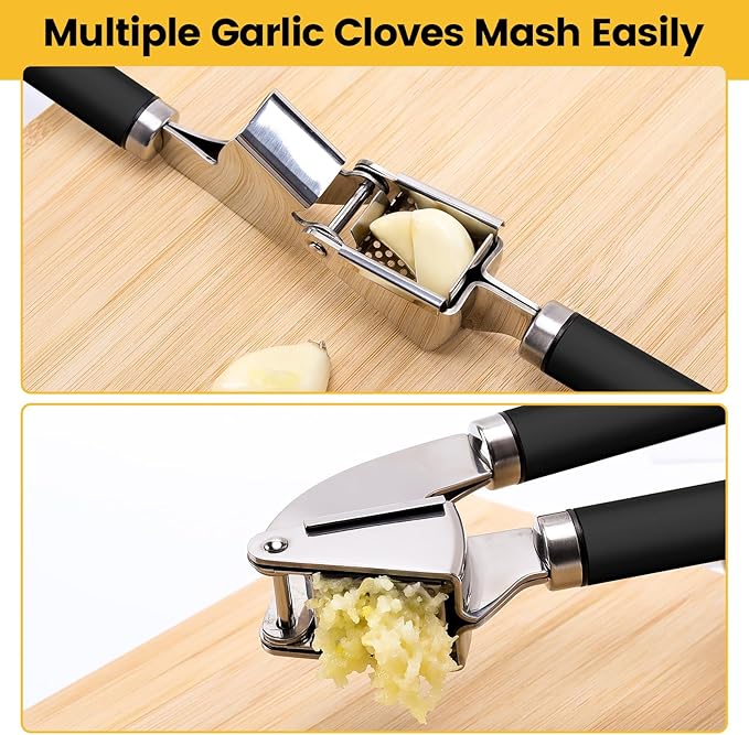 Garlic Press Mincer, 304 Stainless Steel Garlic Press with Garlic Peeler Tube, Heavy Duty Metal Ginger Press, Black