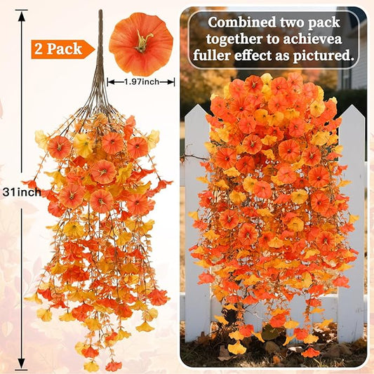 Fall Flowers for Outdoors, Fake Mums, 2 Bundles Hanging Morning Glory UV Resistant Artificial Bouquets for Autumn Porch, Realistic Faux Floral Fall Decor (Orange Yellow)