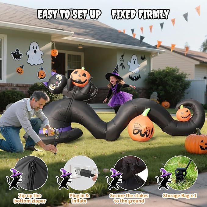 Dawdix 9FT Long Halloween Inflatables Witch Hat with Black Cat and Pumpkins, Large Lighted Blow Up Decoration for Yard, Halloween Outdoor Inflatable for Party Garden Patio Lawn Decor