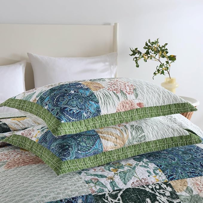 mixinni Sage Green Floral Quilt Set King Size, 100% Cotton Reversible Lightweight Bedspread, 3 Pieces Garden Style Patchwork Coverlet Set with 2 Matching Pillow Shams for All Seasons (106"x98")
