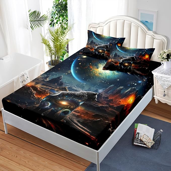 AILONEN Panther Fitted Sheet Set Twin XL Size, Galaxy Starry Planet Volcano Boys Black Bear Bed Sheet Set,3 Pieces Printed Fitted Sheet with 2 Pillowcases