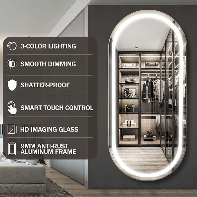 FENNIO 70" x 32" Large Luxury Wall Mounted Mirror with LED Lights - Oval Full Length LED Lighted Full Body Dressing Mirror for Bedroom, Salon, Brushed Aluminum Frame, Tempered Glass