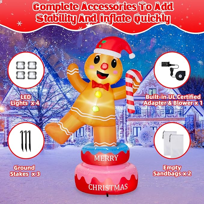 B&D 6FT Christmas Inflatables Outdoor Decorations, Rotating Christmas Inflatable Gingerbread Man Stands on The Turntable Lighted Christmas Blow Up Yard Decorations for Xmas Party Garden Lawn Decor