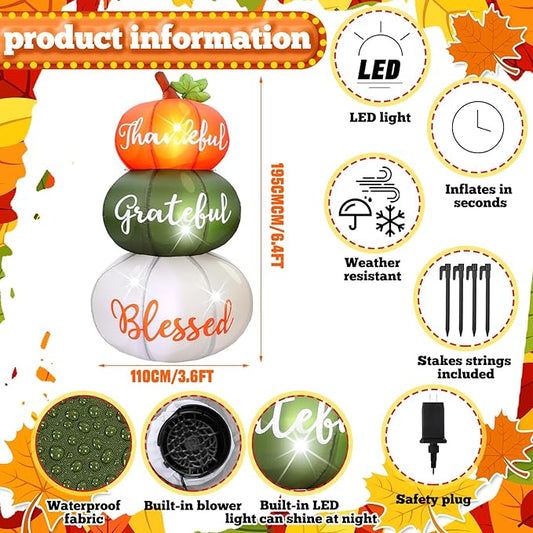 VIHOSE 6.4 ft Fall Inflatables Pumpkin Outdoor Decorations Thanksgiving Blow up Inflatable Stacked Pumpkins with Built-in LEDs for Fall Harvest Autumn Holiday Party Garden Lawn Decor