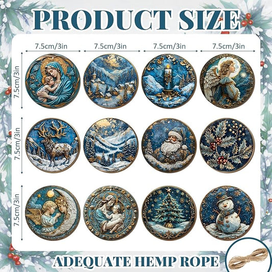 Suzile 36 Pcs Christmas Wooden Ornaments Navy Blue Christmas Tree Decoration Retro Round Nativity Scene Snowman Ornaments Vintage Xmas Hanging Decoration for Farmhouse Home Wreaths Winter Party