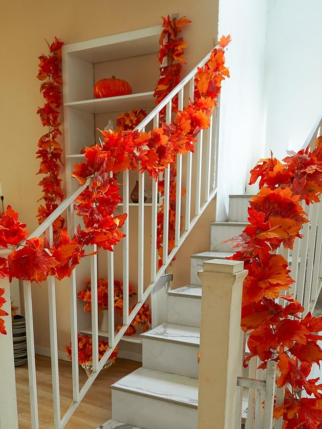 PARTY JOY 6PCS Orange Leaf Garland, 5.6Ft Halloween Garland Artificial Maple Leaf Autumn Hanging Fall Vines Thanksgiving Decorations Fall Decor