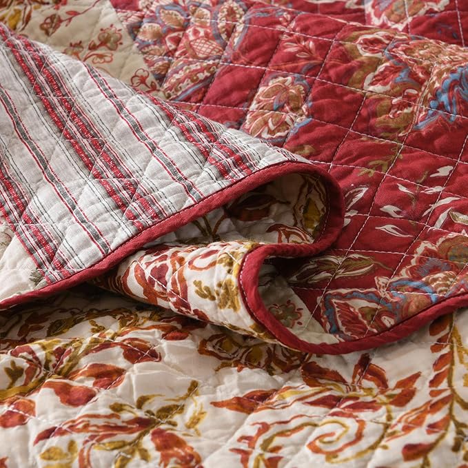 mixinni 100% Cotton Quilt Set King Size, Reversible Patchwork Lightweight Quilted Bedspread Coverlet Set Boho Burgundy Floral Bedding Comforter Set with 2 Pillow Shams for All Season (106"x98")