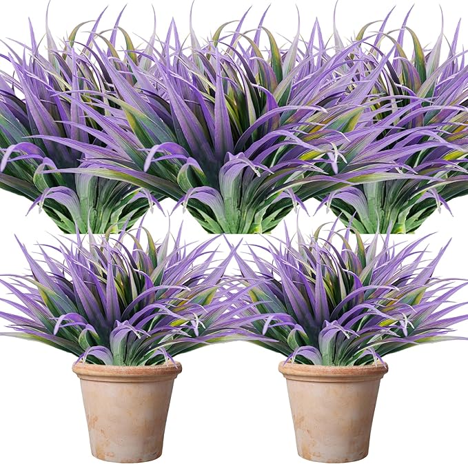 Artificial Fake Grass, 12 PCS Outdoor Faux Grasses Plastic Plants Greenery UV Resistant for Outside Home Window Box Garden Office Patio Hanging Planter Front Porch Décor (Light Purple+Green)