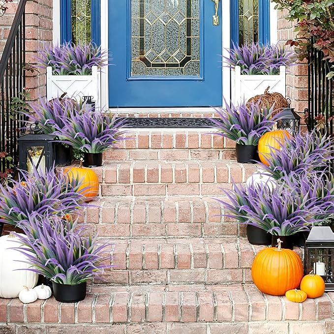 Artificial Fake Grass, 24 PCS Outdoor Faux Plastic Plants Greenery UV Resistant for Outside Home Window Box Garden Office Patio Hanging Planter Front Porch Décor (Dark Purple+Green)