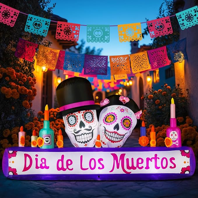 8FT Halloween Inflatable Blow Up Decorations, Dia de Los Muertos Day of Dead Catrina Skulls Altar, Built-in LEDs for Holiday Party, Garden, Lawn, Yard, Patio Décor