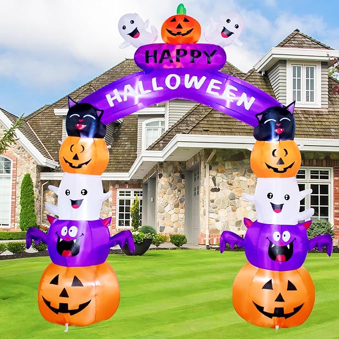 8FT Halloween Stacked Pumpkin Arch Inflatable Decoration Pumpkin Archway Blow up Inflatable Decorationswith LED Lights Indoor Outdoor Yard Garden Holiday Display for Halloween Party