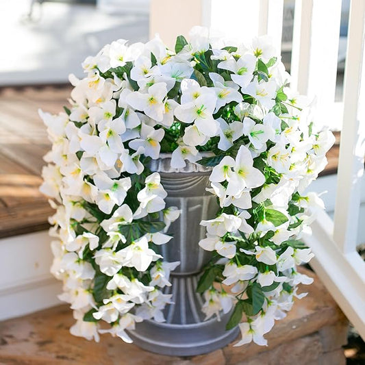 Artificial Faux Bougainvillea Flowers Plants for Outdoor Outside Summer Decoration, 2 PCS Fake Silk UV Resistant Look Real Long Trailing Vines for Front Door Porch Planter Urn Patio Balcony, White