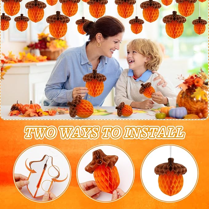 15Pcs Fall Acorn Honeycomb Decorations, Thanksgiving Paper Honeycomb Hanging Ornaments for Autumn Tree Party Favor Supplies Home Decor