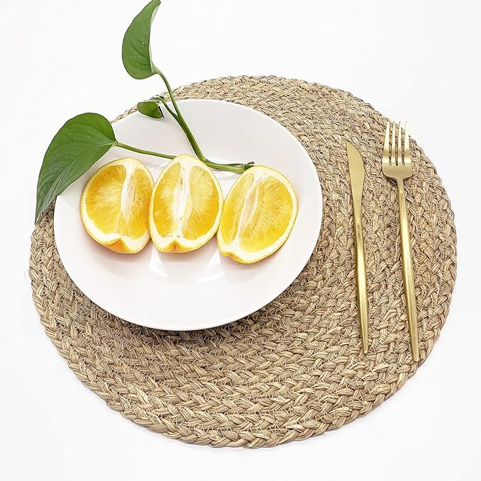 Woven Placemats for Dining Table Set of 6, 100% Natural Straw, Rustic Round Placemats Farmhouse Table Mats Rattan Wicker Placemats Hand Braided Place Mats for Indoor Outdoor, 14.17“