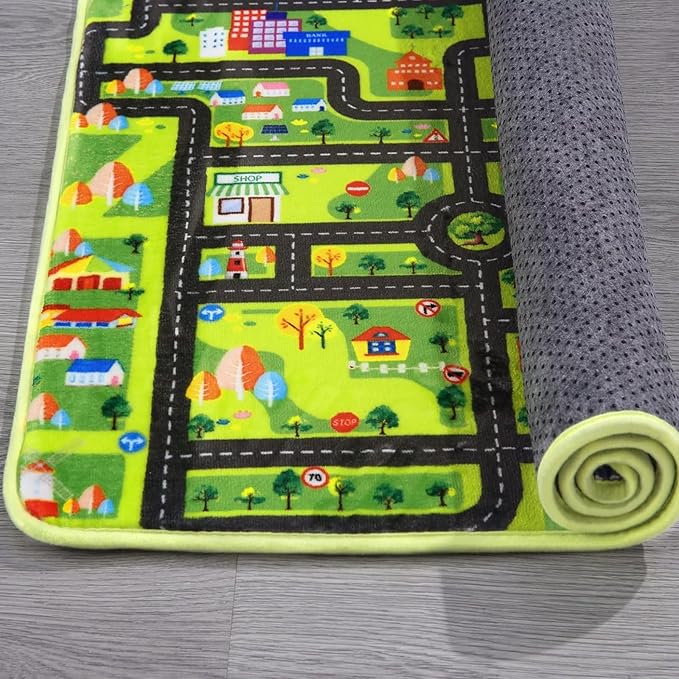 Kids Playmat Car Rug, City Life Fun Carpet Educational Car Rugs for Kids Play with Cars and Toys Road Traffic Play Mat for Bedroom Playroom Classroom Soft Large Area Rug, 8x10 ft Black Streets