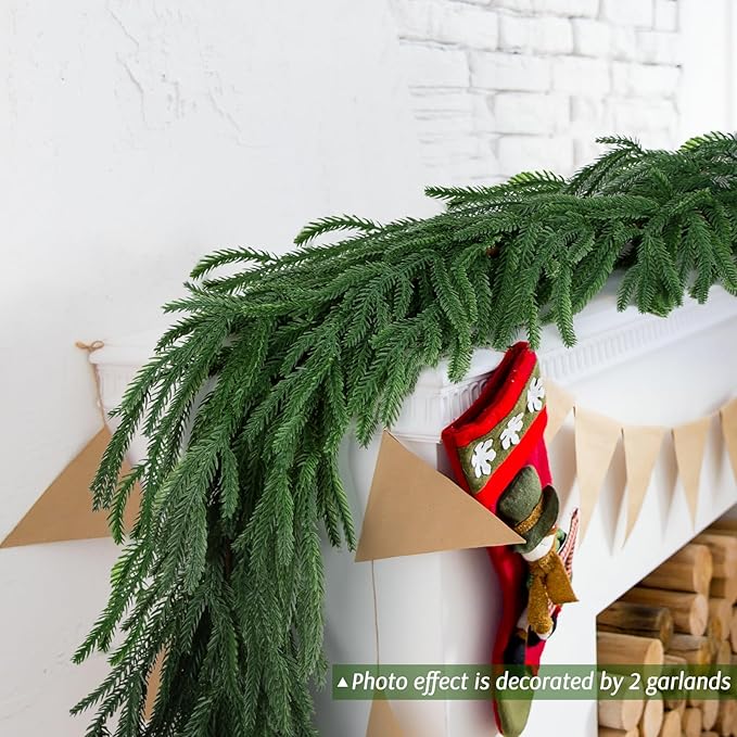 2 Pcs 6 FT Norfolk Pine Garland Artificial, Realistic Christmas Greenery for Mantle Table Wall, Real Touch Winter Pine Garland for Christmas Indoor Outdoor Decor