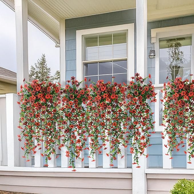 Artificial Hanging Flowers Plants for Outdoor Summer Decoration,2 PCS Faux Silk Daisy with Eucalyptus Leaves,UV Resistant Look Real for Outside Home Indoor Planter Porch Patio Balcony Yard Decor