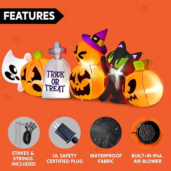 Joiedomi 8 FT Long Halloween Inflatables Outdoor Decoration, Halloween Blow Up Decorations Outside Inflatable Pumpkin Ghost Cat Tombstone with LEDs for Yard Decor