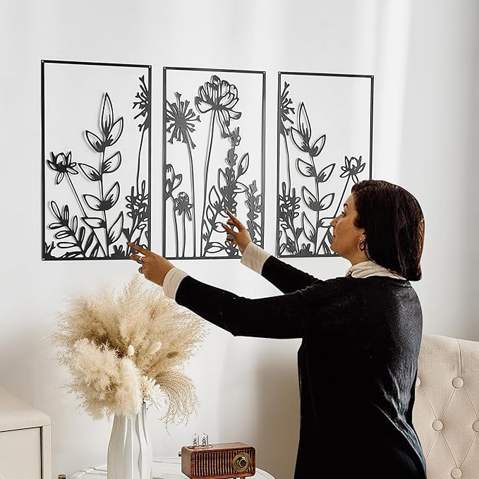 FUNTEREST 3 Pieces Black Metal Wall Art Decor Modern Minimalist Floral Single Line Living Room Wall Decor Abstract Wall Hanging Decor for Kitchen Office Bedroom Bathroom (Floral B)