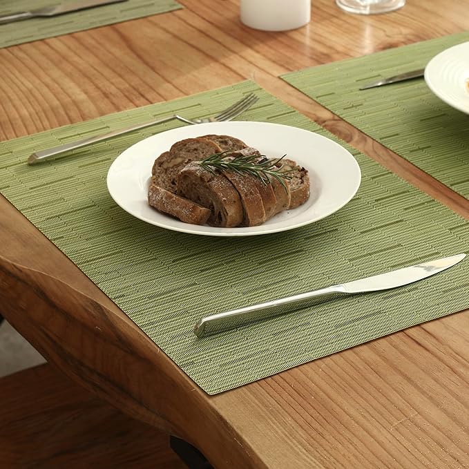 Leetaltree Pea Green Placemats Set of 4 - Heat Resistant Non-Slip Place mats for Dining Table, Washable Durable PVC Vinyl Woven Table Mats(Pea Green, 4)