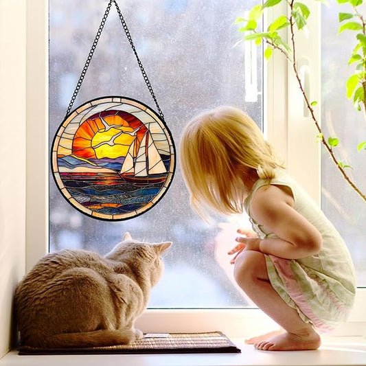 Stained Glass Window Hanging, Sun Ocean Sailboat Seagull Abstract Suncatcher Diamond Glass Panel Sun Catchers Decor for Birthday for Women, Men, Wife, Aunt, and Mom 9.8 in