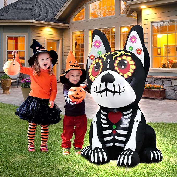 4FT Halloween Inflatables Dia de Los Muertos Dog Outdoor Decorations Blow Up Yard Colorful Skull Dog with Built-in LEDs for Indoor Party Garden Lawn Decor