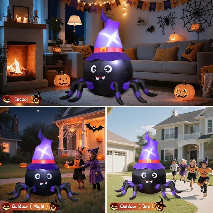 5FT Halloween Inflatable Spider with Witch Hat Outdoor Decoration, Blow Up Yard Inflatable Decorations with Built-in LED Lights for Garden/Lawn/Holiday/Home Party Decor