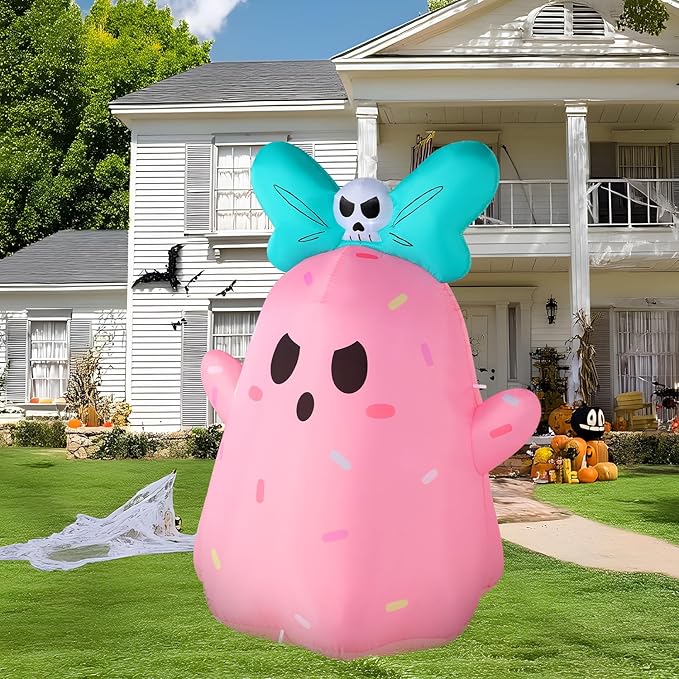 Joiedomi 5ft Tall Halloween Inflatable Ghost Outdoor Decorations, Cute Pink Ghost Blow Up Yard Decorations with Bowknot and LED Light for Halloween Decor, Garden Lawn Indoor Outdoor Party Decor