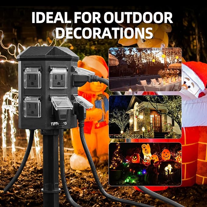 Outdoor Power Strip Weatherproof, 25 FT Extension Cord with Stake, 6 Grounded Outlets for Halloween Decorations and Inflatables, 15A/1875W, ETL Listed
