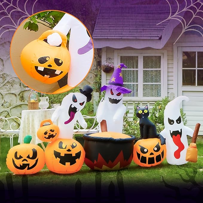8Ft Long Halloween Inflatables Decoration Ghost and Pumpkin Family with Build-in RGB LED Lights, Halloween Blow Up Yard Decorations for Party Garden Lawn Indoor Outdoor Decor