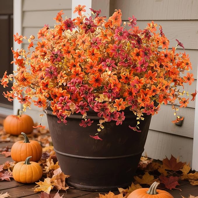 Artificial Mums Fake Fall Flowers for Outdoors Decoration, 12 Bundles Realistic Autumn Silk Daisy Faux Plants UV Resistant Decor for Home Garden Porch Patio Yard Balcony Window (Orange Brown)
