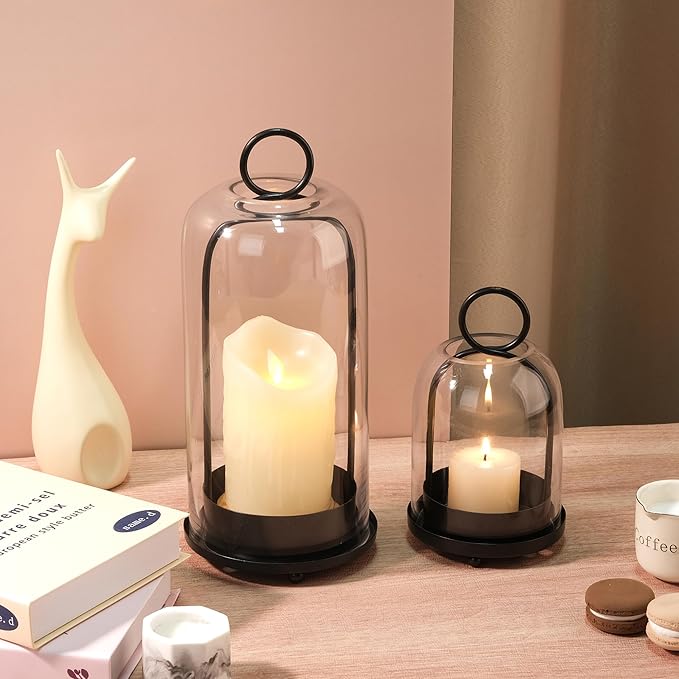 5" & 4" Wide Versatile Metal Candle Holder with Handmade Sturdy Glass Dome in Black for Pillar Candle & Plants, 5.1" xH11.8 4" xH7.5, Industrial, Farmhouse. Modern Style (2, Black, Large & Small)