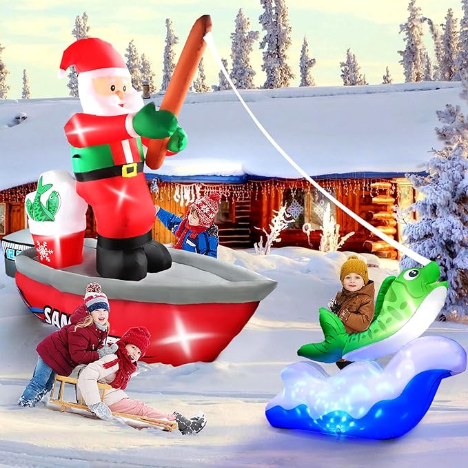 Kalolary 15FT Long Christmas Inflatables Fishing Santa Claus, Santa Inflatables Blow Up Yard Outdoor Decorations with Built-in Rotating Blue LED Lights for Xmas Party Yard Garden Lawn Indoor Decors