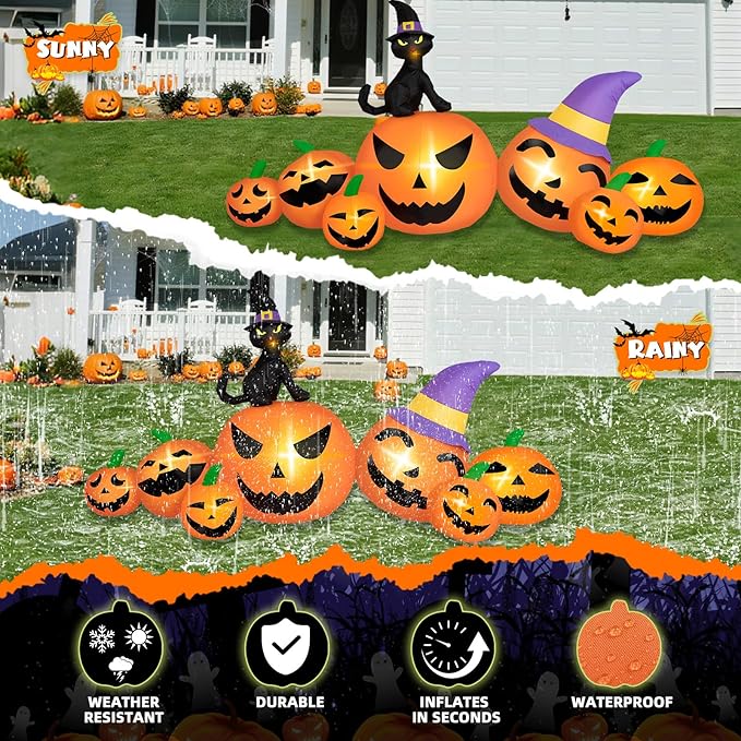 8FT Long Halloween Inflatables Pumpkin Outdoor Decorations, 7 Blow Up Pumpkins Inflatables with Witch Hat & Black Cat Built-in LED Lights for Halloween Party Yard Garden Lawn Decorations