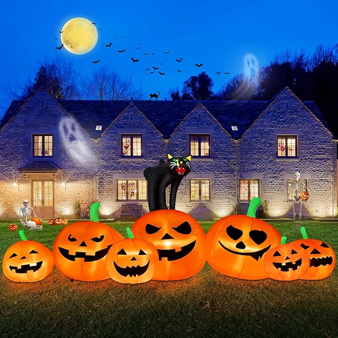 B&D 8FT Long Halloween Inflatables Pumpkin Outdoor Decorations, 7 Inflatable Pumpkins and Black Cat Combo Halloween Blow Up Decorations Built-in LEDs for Holiday Party Yard Garden Lawn Patio Décor