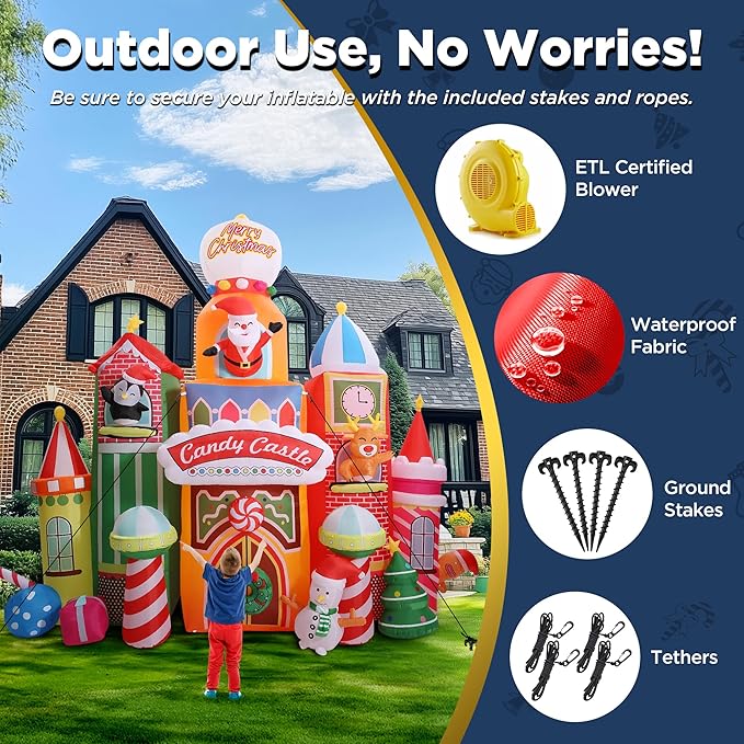 13.5 FT Tall Candy Castle Christmas Inflatables Outdoor Decorations, Blow Up Christmas Decorations with Built-in Rotating Light for Garden Lawn Xmas Decor
