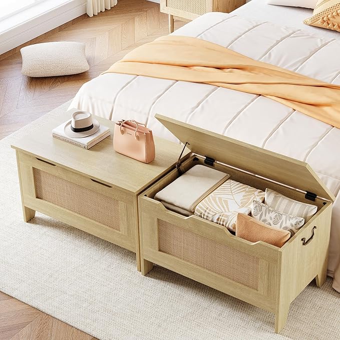 IDEALHOUSE Storage Chest, Rattan Toy Chest, 30" Wooden Storage Bench with Safety Hinge, Blanket Chest, Entryway Bench, Supports 350 lb, Storage Trunk for Living Room, Bedroom, Playroom, Natural Oak