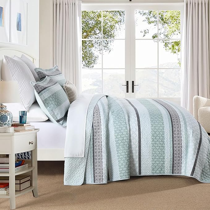 Homzard Quilts Queen Size,Cotton Queen Comforter Set,Mint Green Grey Bed Set,Striped Bedding,Lightweight Bedspreads All Season 3 Piece