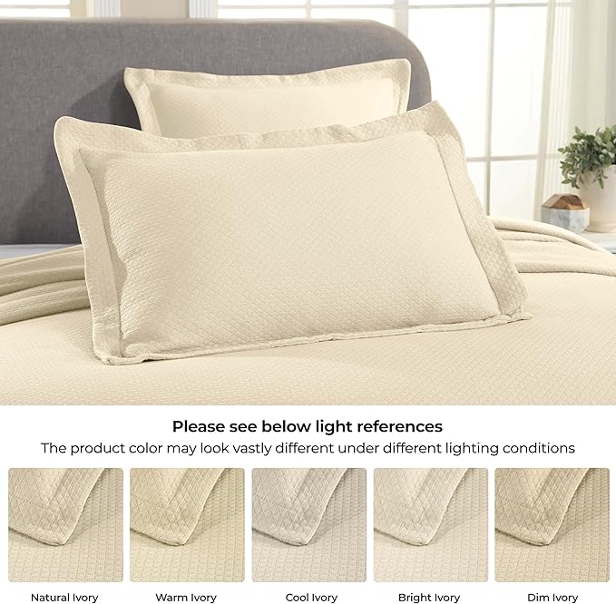 Superior Solitaire Cotton 3 Piece Bedspread Set, Home Bed Decor, Decorative Textured Bed Spread, 2 Pillow Shams, Airy Blanket, Matelasse Coverlet Bedding, All-Season Accent Blanket, Full, Ivory