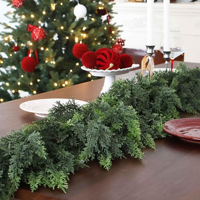 12FT Christmas Cedar Garland Artificial Real Touch Thickness Realistic Greenery Pine Garland for Mantle Fireplace Outdoor Indoor Christmas Decorations