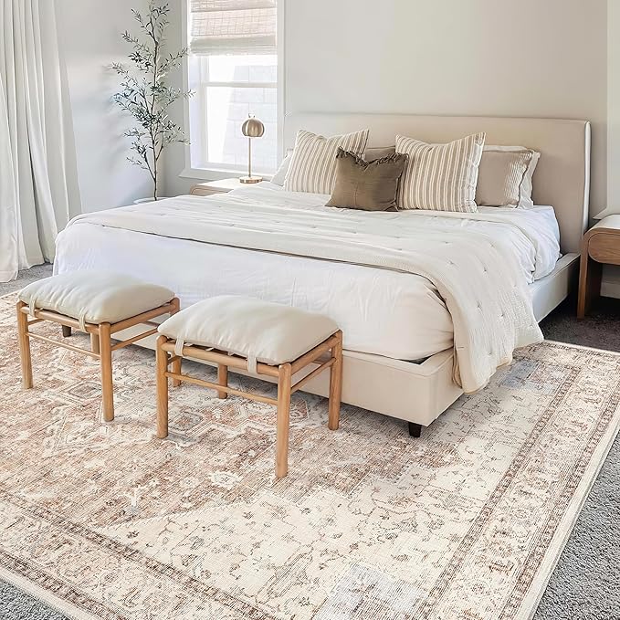 Boho Farmhouse Bedroom Rug Washable Easy Clean Stain Resistant Vintage Country Rustic Neutral Persian Area Rug for Dining Room Under Table,Light Tan Brown Beig with Terracotta Pattern,5x8