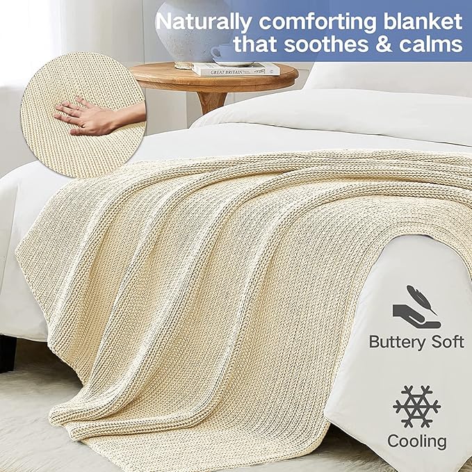 Knitted Weighted Blanket(Cream 50"x60" 5lbs),Home Décor Cooling Throw Blanket for Hot Sleepers,Hand Made Chunky Knit Heavy Blanket Use on Twin Size Bed