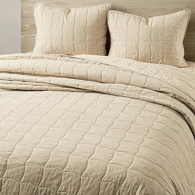 Wonderful Natural Linen Cotton Quilt Set Queen Size, 100% Cotton Back and Filling, 3 Piece Pre-Washed Beige Bedding Cover, Wavy Box Stitched Bedspread Coverlet Bedding Set All Seasons, 94"x94"
