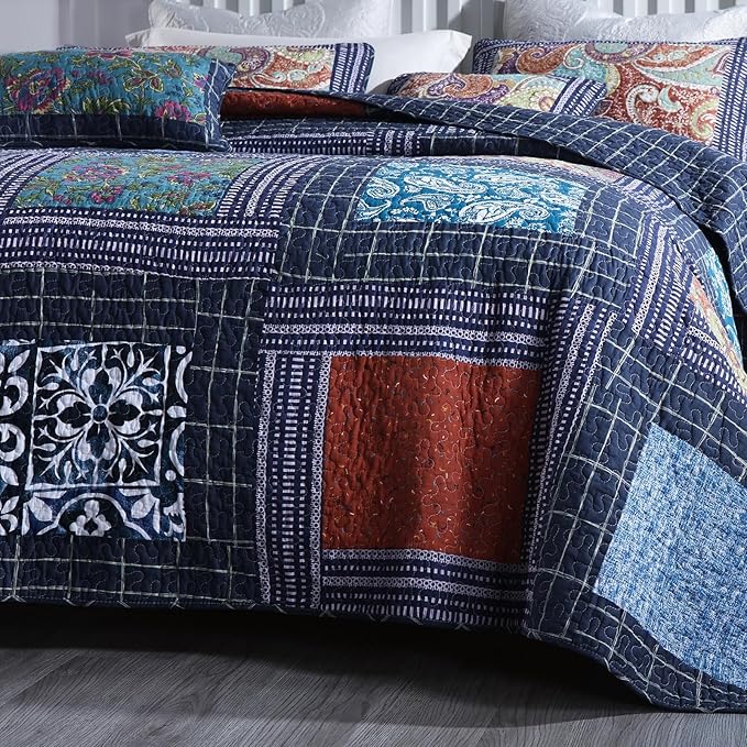 mixinni 100% Cotton Gorgeous Floral Quilt Set, King Size Quilted Bedding Set, Boho Reversible Navy Blue Patchwork Paisley Pattern Bedspread Coverlet Set with 2 Pillow Shams for All Seasons (106"x98")